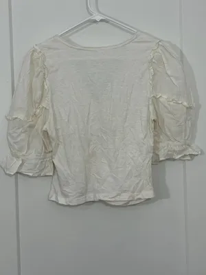 Anthropologie Medium Cream Ruffled Ruched Center V-Neck Blouse thumbnail 3