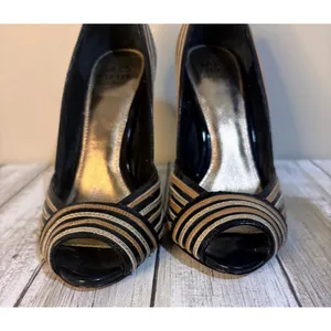 Saks Fifth Avenue Gold, Black, & Silver Peep Toe‎ Heels Size 6 thumbnail 3