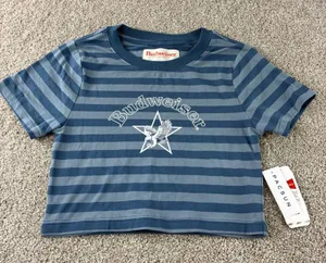 NWT‎ PacSun Budweiser Crop Top Striped Blue Graphic T Shirt Women's Size M thumbnail 1