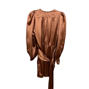 DRESS‎ FORUM Satin Bronze Brown Ruched Sleeve Wrap Mini Dress Sz S thumbnail 4
