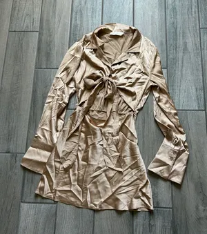 Tie-Front Mini Dress in Champagne thumbnail 1