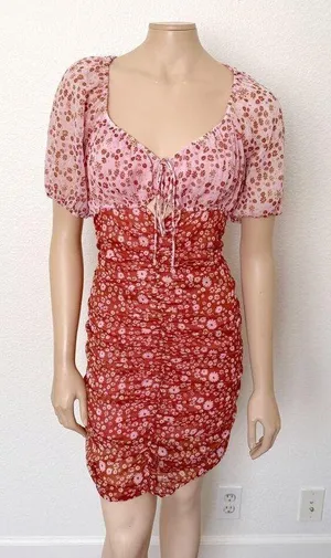 [Free People] Tessa Floral Puff Sleeve Ruched Open Back Mini Dress Size Large L thumbnail 1