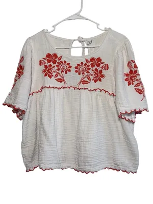 Old Navy Embroidered Crinkle Gauze Boho Peasant Top Orange Floral Scallop XL thumbnail 2