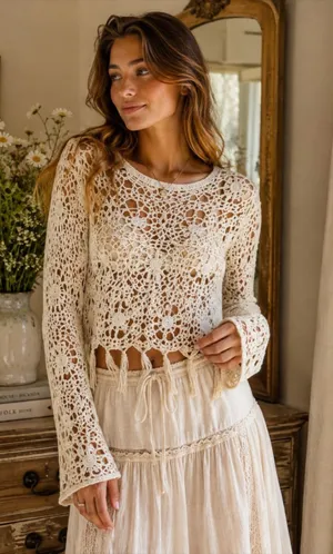 Zara Cream Crochet Open Knit Sweater Top Floral Fringe Boho Long Sleeve thumbnail 1