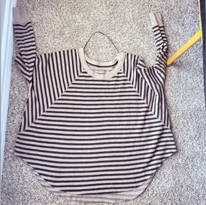 We The Free Brown Striped Slouchy Oversized Waffle-Knit V-Neck Pullover Sweater thumbnail 1