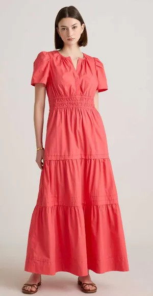 Quince Coral Pink Organic Cotton Poplin Tiered Maxi Dress thumbnail 1