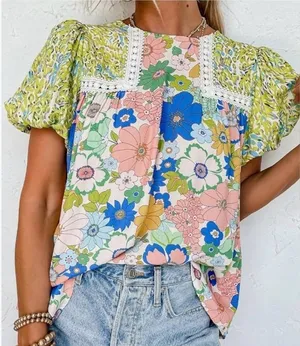 Floral Retro Dopamine Fairycore Bubble Sleeve Lace Coquette Blouse medium thumbnail 1