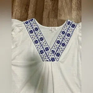 Anneliese Women's XL White‎ Embroidered V-Neck Flutter Sleeve Boho Blouse thumbnail 5