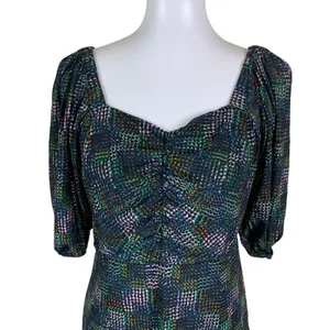 Cabi Sweetheart Neck Ruched Puff Sleeve Midi Dress Multicolor Plaid Medium thumbnail 3