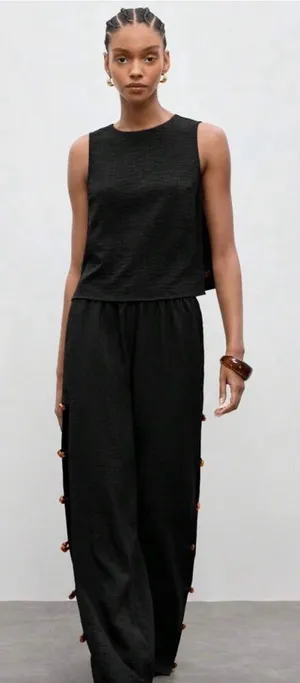 🦓🦓🦓BOGOHO🦓🦓🦓Black Sleeveless Wide-Leg Jumpsuit with Side Beaded Accents-12 thumbnail 1
