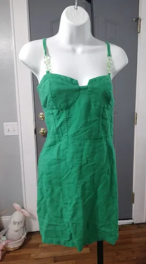 Zara Linen Blend Green Mini Corset Dress with Beaded Straps thumbnail 1