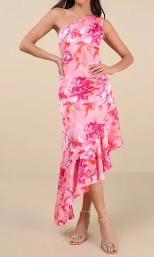 NWT LULUS Women’s Divinely Blooming Pink Multi Floral One-Shoulder Dress Size M thumbnail 1