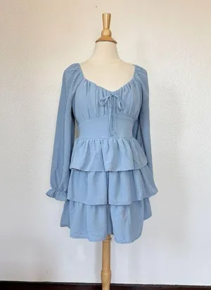 Blue Milkmaid Cottage Long Sleeve Ruffle Dress thumbnail 1