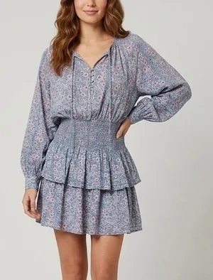 Cleobella Blue Pink Floral Cotton Smocked Mini Dress Size Medium Boho Tiered thumbnail 1