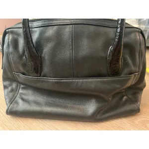 Cole Haan Black Soft Leather Satchel Handbag Gold Accents Navy Interior thumbnail 5