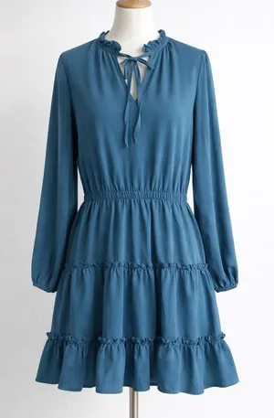 Boho Feminine Tiered Teal Mini Dress Feminine Free Spirit BTFBM ruffle L thumbnail 1