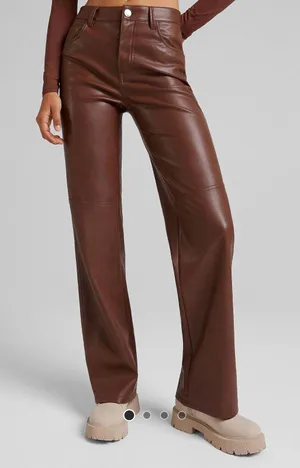 Bershka Brown Straight Leg Leather Pants thumbnail 1