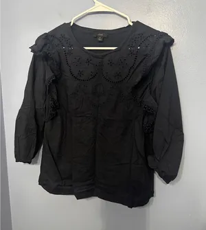 J.Crew Women Navy Blue Eyelet Embroidered‎ Ruffle 3/4 Sleeve Blouse Top Small thumbnail 1