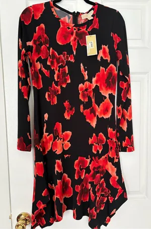 NWT MICHAEL Michael Kors Black & Red Floral Long Sleeve Drop Hem Dress Size S thumbnail 1