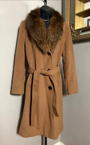 Ellen Tracy Size 6 Brown Wool Blend Belted Pea Coat Fox Fur Collar thumbnail 1