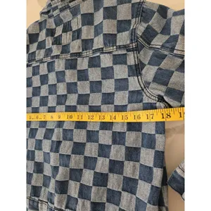 Forever 21 Checkered Board Print Cropped Trucker Denim Blue Y2K Jacket Medium thumbnail 8