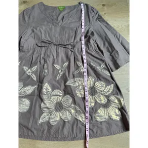 Vintage Femme tunic drawstring waist cotton embroidered flowers brown size L thumbnail 5