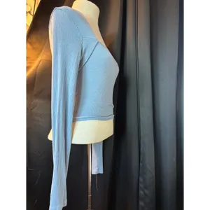 Long Sleeve Ribbed Square Neck Wrap Tie Top Dusty Blue Cropped Knit thumbnail 3