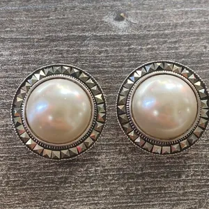 Vtg 925 Sterling Silver Faux Pearl Button Clip On Earrings Classic 1” Diameter thumbnail 1