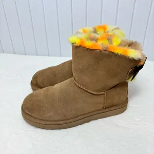 UGG CLASSIC MINI‎ BAILEY BOW PUNK PLAID CHESTNUT BOOTS Vibrant Fur Lining Size 9 thumbnail 5