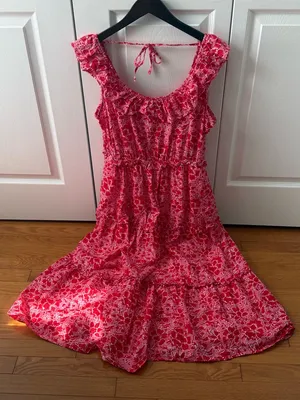 J. Crew Printed Ruffle Midi Dress in Azalea Belvedere Red Floral thumbnail 2