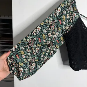 NWT Black Smocked Crop Top Floral Puff Sleeve Tie‎ Back Boho Romantic Medium thumbnail 9