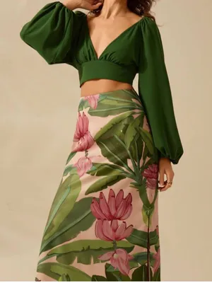 SheIn Tropical Floral Palm Print Maxi Skirt Pink Green Resort Vacation thumbnail 3