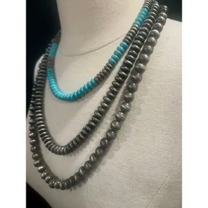 Artisan Turquoise & Gunmetal Triple Strand Beaded Necklace Southwestern Statement thumbnail 4