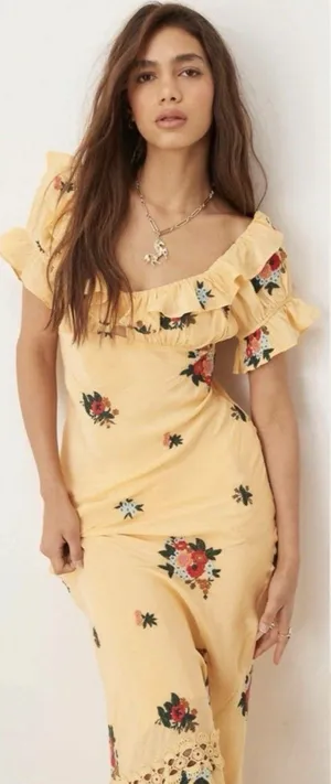 Free People Bali Santa Cruz Ruffle Maxi Dress S Yellow Floral Puff Sleeve Boho thumbnail 1