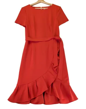 Calvin Klein Womens Clay Orange Ruffle Faux Wrap Sheath Dress‎ CD2C12U7 Size 8 thumbnail 1