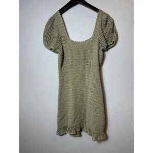Source Unknown Sage Green Crochet Mini Dress Puff Sleeve Tie Front Boho Size S thumbnail 2