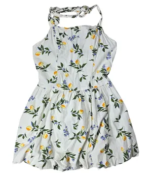Sim & Sam Lemon Print Cotton Halter Mini Dress White Floral‎ Smocked Back XL thumbnail 1