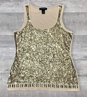 WHBM Gold Sequin Sleeveless Top Scoop Neck Womens M Tan Stretch Bling Tank thumbnail 1