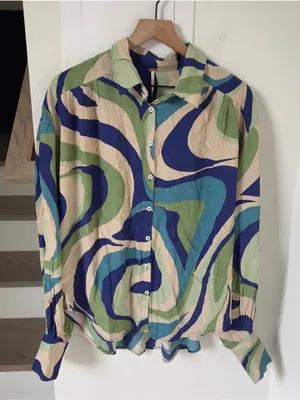 NWT Free People Joy Printed Button Down Shirt in Teal & Blue Combo thumbnail 4
