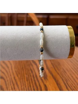 Vintage 1990s Pearl and Gold & Black Beaded Bracelet 7.5” thumbnail 3