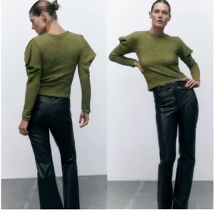 NWT Zara Green Textured puff sleeve Long Sleeve Top thumbnail 5