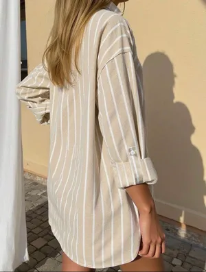 SheIn Tan and White Stripe Button Up Shirt thumbnail 1