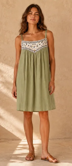 Westport Sage Green Embroidered Boho Dress L thumbnail 1
