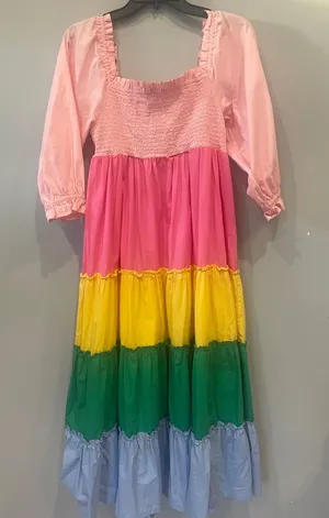 Colorblock Tiered Midi Dress in Pink, Yellow, Green & Blue -crown & ivy small thumbnail 1