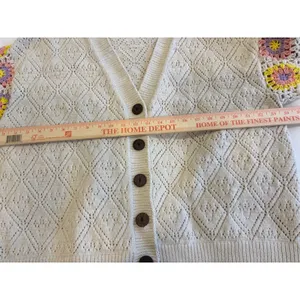 POL Women Cream Pointelle Knit BoHo Cardigan Crochet Granny Square Sleeve Large thumbnail 8
