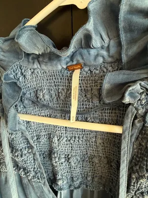 Free People Washed Denim Blue Smocked Ruffle Tie-Front Camisole thumbnail 2