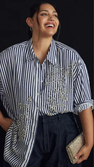 Anthropologie Maeve Bennet Beaded Sequined Button Down Shirt Striped Large‎ thumbnail 1