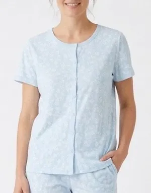 Charter Club Cropped Pajama Top‎ Womens Medium Blue Floral Cotton Button Front thumbnail 1