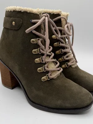 Dr Scholls Loni Boots Womens 6 Olive Suede Shearling Lace Up Block Heel thumbnail 1