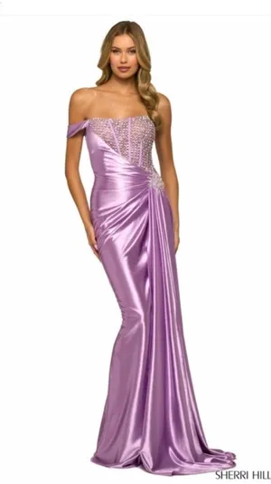 Sherri Hill 55367 Draped One Shoulder Gown Lilac Size 2 thumbnail 1